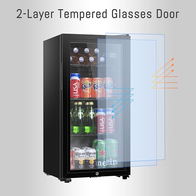 Beverage Refrigerator, 3.2 Cu. Ft, Mini Fridge with Glass Door for Soda Beer, Freestanding Beverage Cooler for Office, Bar, Adjustable Shelving&Adjustable Foot