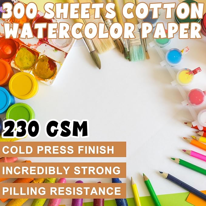TaoBary 300 Pcs Watercolor Paper Sheet Bulk White Cold Press Paper Pack 110 lb 230 GSM Sketch Painting Watercolor Pad for Watercolorist Beginning Artists Adults Drawing Craft(6 x 6 Inch,230 GSM)