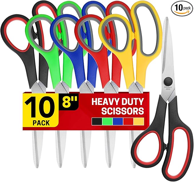 8" 10 Pack All Purpose Heavy Duty Scissors- Comfort-Grip Sharp Scissors for Office School Sewing Fabric Craft High/Middle School Student Teacher Scissor, Right/Left Hand