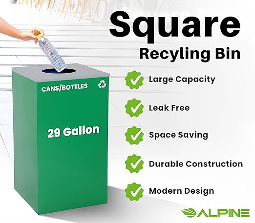 Alpine Commercial Indoor Recycle Bin - 29 Gallon Modern Looking Green Recycle Bin, Office Recycling Bins, Metal Trash and Recycling Container with Stickers & 3 Optional Lids (lid Sold Separately)
