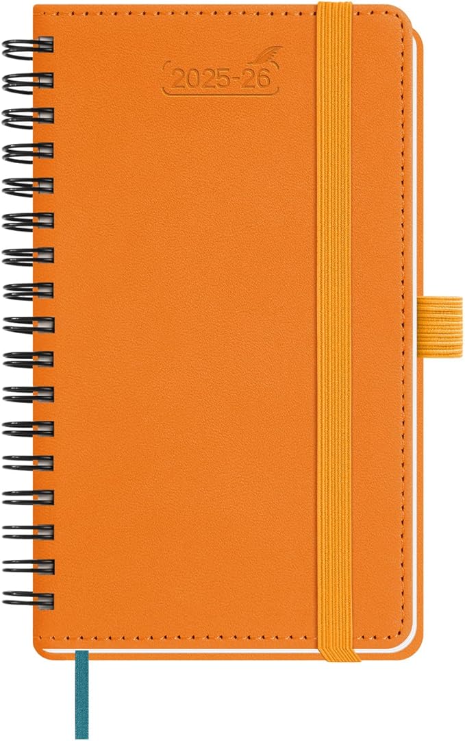 BEZEND Pocket Planner 2025-2026 Weekly and Monthly, 3.5" x 6" Academic Planner (Jul 25-Dec 26) 18-Month Mid-Year Calendar Book, Storage Pocket, Pen Holder, PU Leather Softcover, Spiral - Orange
