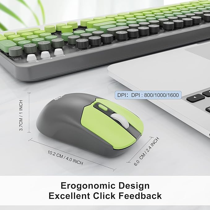 FOPETT Wireless Keyboard and Mouse Combo - 2.4G Full-Sized Cute Colorful Mouse and Keyboard with 104 Round Keys Retro Typewriter Keyboard for Laptop/Windows/PC - Green Gradient