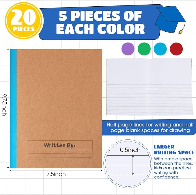 Henoyso 20 Pcs Primary Composition Notebook 9 3/4 x 7 1/2 Inch Kids Journal, Back to School Supplies, K-2 Primary Writing Notebook for Kids Student Draw and Write Story Journal (Fresh Color)