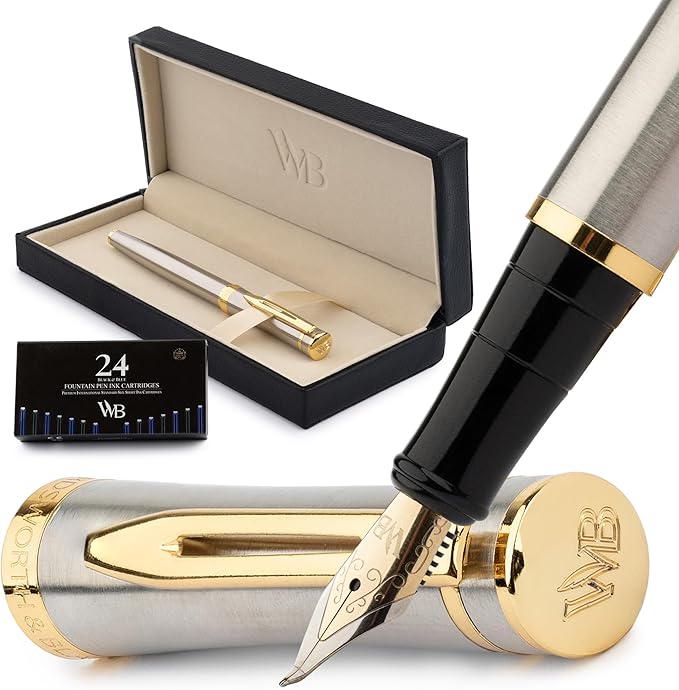 Wordsworth & Black Fountain Pen Set, 18K Gilded Bent Nib, Includes 24 Pack Ink Cartridges, Ink Refill Converter & Gift Box, Gold Finish, Calligraphy, [Silver Gold], Perfect for Men & Women