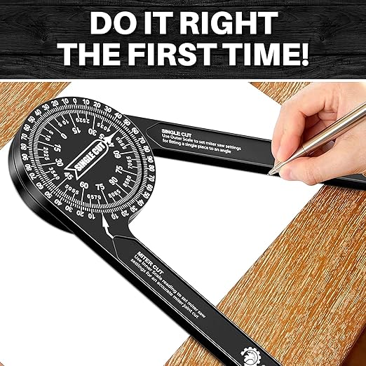 Saker Miter Saw Protractor|7-Inch Aluminum Protractor Angle Finder Featuring Precision Laser-Inside & Outside Miter Angle Finder for Carpenters, Plumbers and All Building Trades (Black)