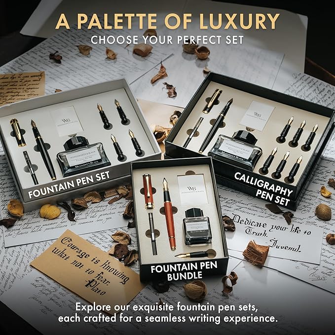 Wordsworth & Black Fountain Pen Set, Luxury Bamboo Wood - Medium Nib, Extra Fine Nib, Gift Case; 25ML Black Ink Bottle, 6 Ink Cartridges, Refill Converter - Calligraphy, Writing [Rosewood]