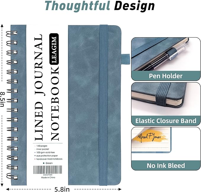 Lined Spiral Journal Notebook for Women & Men, College Ruled Hardcover Notebook for Work & Note Taking, Journals for Writing, 100 GSM, Business, School, 140 Pages, A5(5.8"x8.5") - Green