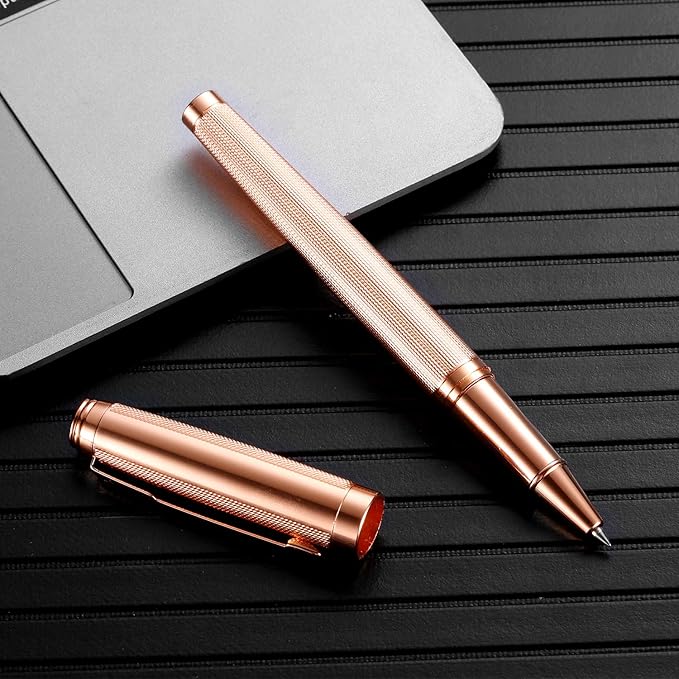 Rollerball Pen for Men Women Luxury Metal Executive Pens Home Office Use with 2 Extra Refills Black Ink 0.7mm G2(rose gold)