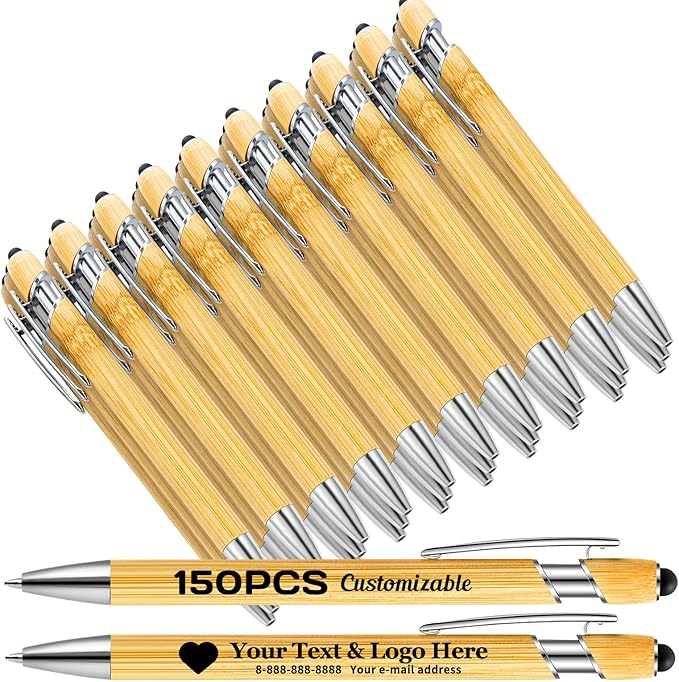 Bamboo Personalized Ballpoint Pens with Stylus - Customizable by Name, Ideal Gifts for Nurses, Women, Men & Teachers - Black Ink, 150 Pcs