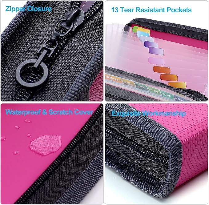 MEGREZ Expanding File Folder with 13 Pockets, A4 Paper File Folder with Zipper Color Labels, Waterproof Accordion File Folder Organizer for Home Office, Pink