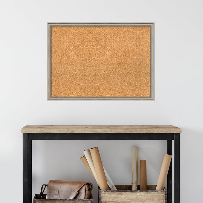 Amanti Art Natural Cork Board for Wall, 22x30 Vision Board with Silver Wood Frame, Medium Corkboard Office Decor for Home Organization, Casual Corkboard Pinboard to display items for home organization