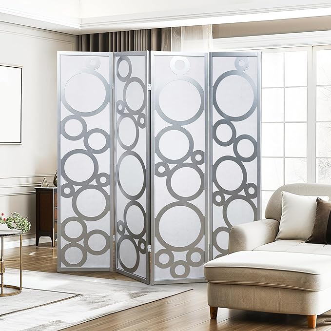 NicBex Room Divider 4 Panel Room Dividers with Circle Pattern Partition Room Dividers and Folding Privacy Screens Wall Divider for Home, Office, Room Separation,70" W x 1" D x 70" H, White+Silver