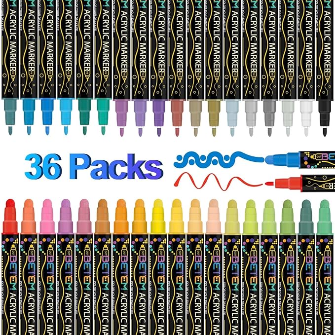Betem 36 Colors Dual Tip Acrylic Paint Pens Markers, Premium Acrylic Paint Pens for Wood, Canvas, Stone, Rock Painting, Glass, Ceramic Surfaces, DIY Crafts Making Art Supplies