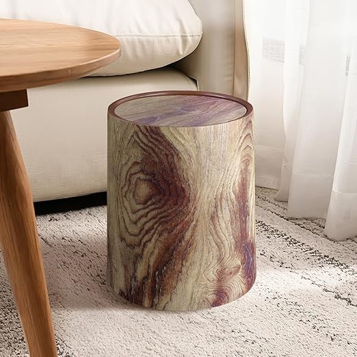 Wood Grain Plastic Trash Can Swing Top Lid, 4Gal/15L Farmhouse Wastebasket Bin Retro Style with Inner Bucket, Bathroom Trash Can Hidden Bag for Room Aesthetic, Round Brown Garbage Can 2pack