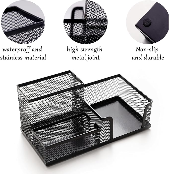Pen Holder Mesh Metal Pencil Holder Desk Organizers Black for Desk Office with 3 Compartments Pencil Holders,Desktop Storage Caddy Organization,Suitable for School, Home,Black