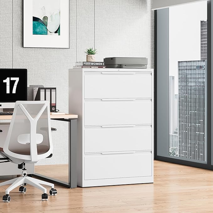 Bestoo 4 Drawer Lateral File Cabinet, Metal Lateral Filing Cabinet with Lock for Hanging Files Letter/Legal/F4/A4 Size, Easy Assemble White