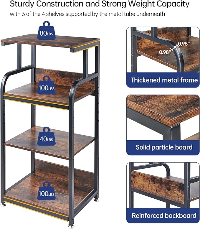 4-Tier Printer Stand with Adjustable Storage Shelf, Large Tall Printer Table with Wheels for Home Office Small Spaces Organization, Rustic Brown