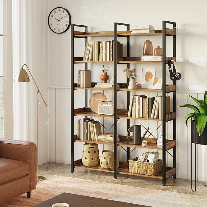Seventable Bookshelf 6 Tier with 4 Hooks, 67” Industrial Wooden Bookcase, Vintage Storage Rack with Open Shelves, Rustic Standing Bookshelves Metal Frame 43.3” Wide Display Rack, Rustic Brown