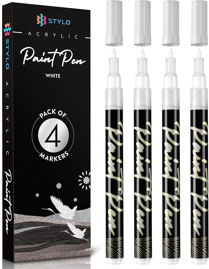 Stylo 4 Count Acrylic Metallic Pens - White Paint Pens - Fine Tip Permanent Acrylic Metallic Paint Markers for Rock Painting, Glass, Wood, Ideal for Arts and Crafts (Pack of 4, White)