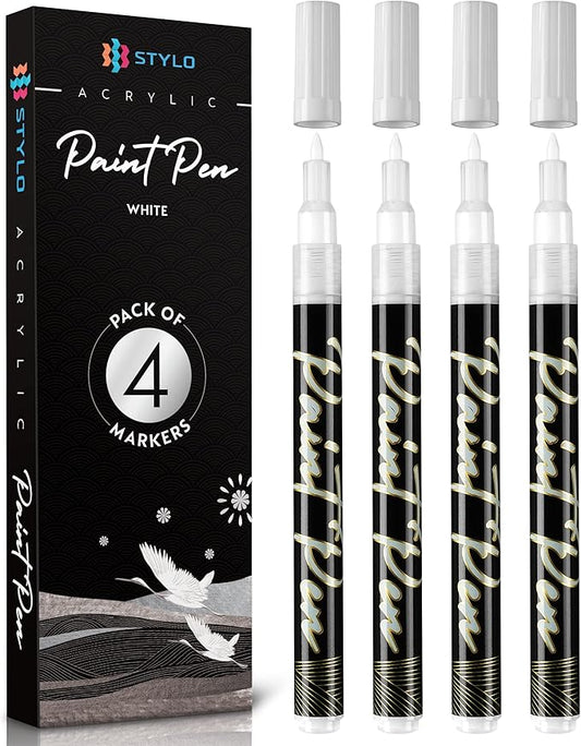 Stylo 4 Count Acrylic Metallic Pens - White Paint Pens - Fine Tip Permanent Acrylic Metallic Paint Markers for Rock Painting, Glass, Wood, Ideal for Arts and Crafts (Pack of 4, White)