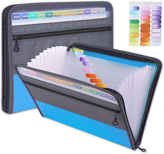 MEGREZ Expanding File Folder with 13 Pockets, A4 Paper File Folder with Zipper Color Labels, Waterproof Accordion File Folder Organizer for Home Office, Blue
