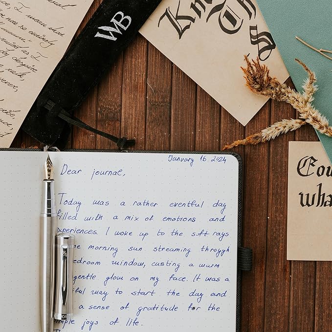 Wordsworth & Black Fountain Pen Set, Extra Fine Nib, Includes 24 Pack Ink Cartridges, Ink Refill Converter & Gift Pouch, Chrome Finish, Calligraphy, [Silver Chrome], Perfect for Men & Women