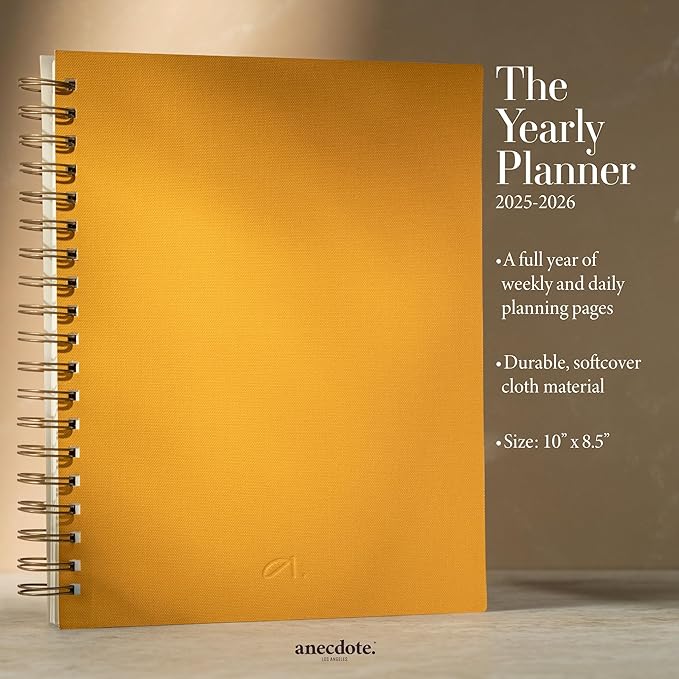 Anecdote 2025 Planner (8.5" x 10") Daily Planner Weekly Monthly Planner - 52 Weeks w/Library Buckram Cover, Brass Spiral - A4 Size Bleed-Resistant Paper – Mustard