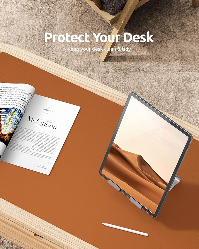 YSAGi Leather Desk Protector, Office Mat, Large Mouse Mat, Non-Slip PU Leather Blotter, Laptop Desk Mat, Waterproof Writing Pad for Office and Home (Brown, 35.4" x 17")