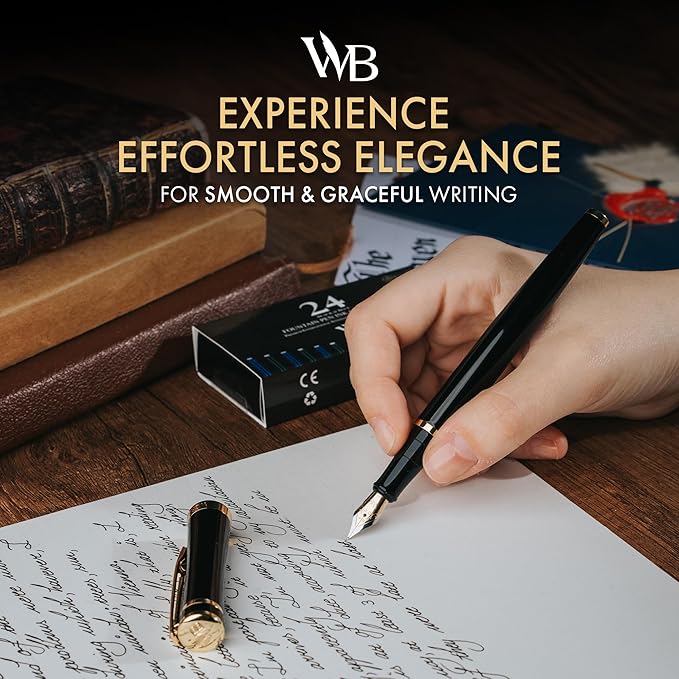 Wordsworth & Black Fountain Pen Set, Medium Nib, Includes 24 Ink Cartridges and Ink Refill Converter, Gift Case, Journaling, Calligraphy, Smooth Writing Pens [Black Gold], Perfect for Men and Women