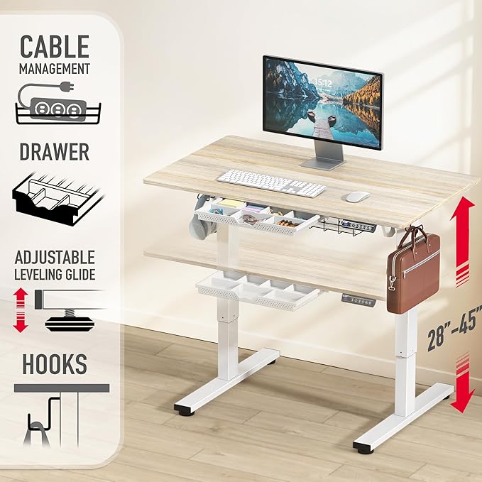 SHW 40-Inch Electric Height Adjustable Standing Desk with Drawer, Memory Preset and Cable Management Tray, Maple