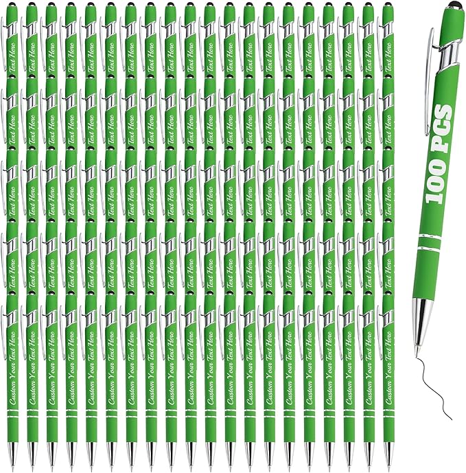 Personalized Pens Bulk 100 with Name Custom Engraving Ballpoint Pens with Stylus Tip Customized Smooth Writing Pens Personalized Gifts for Anniversary Birthday or Graduation(Light Green,Black Ink)
