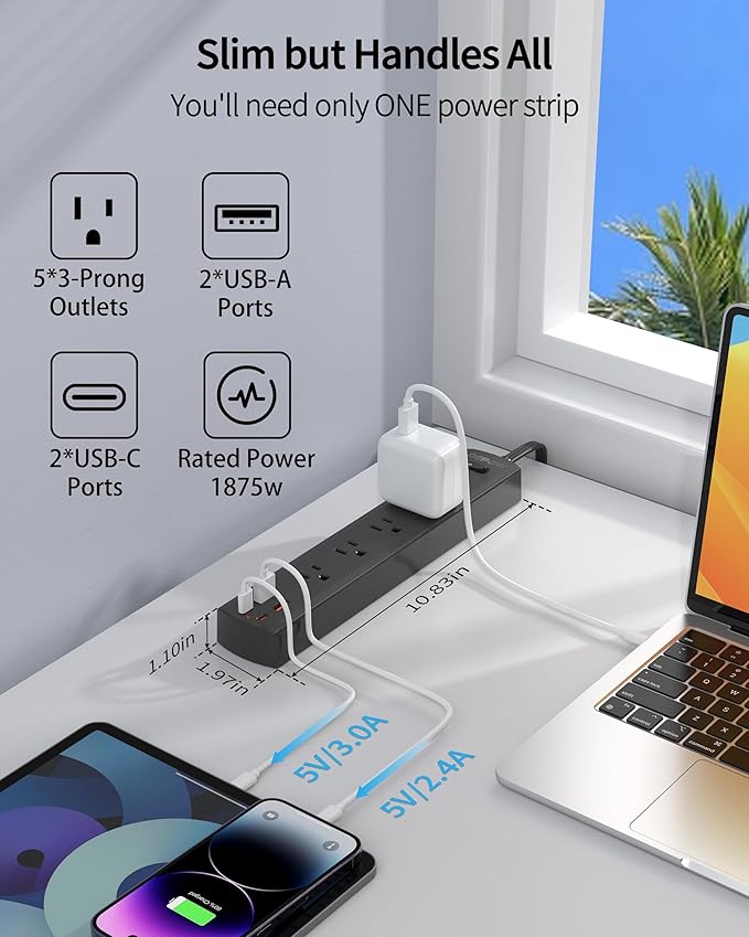 Black Surge Protector Power Strip, Ultra Thin 5 Ft Flat Plug Extension Cord, 1700 Joules, 5 Widely Spaced Outlets with 4 USB Ports (2USB-C), 1875W/15A, Wall Mount for Home Office, Black