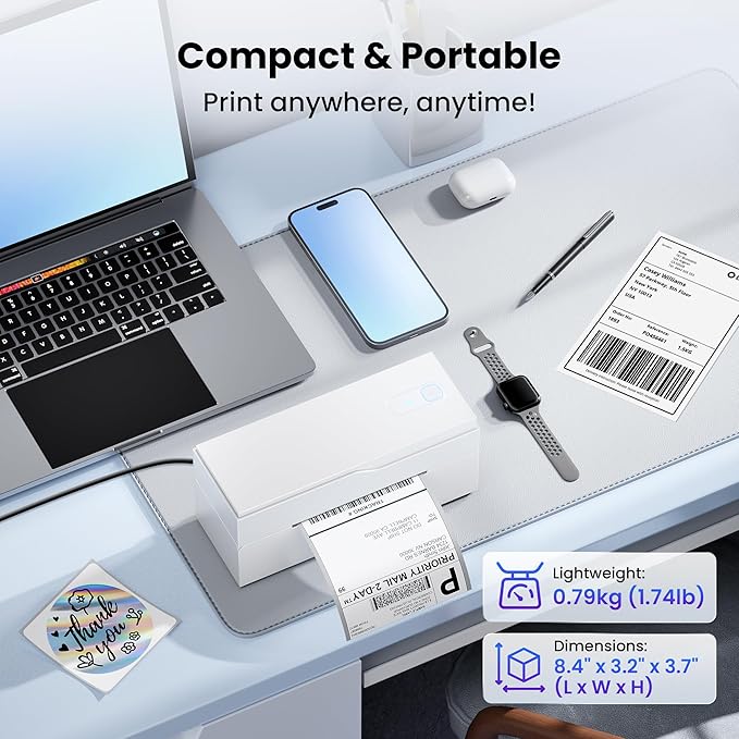 Bluetooth Thermal Label Printer – 4x6 Shipping Label Printer for Small Businesses & Shipping Packages, Compatible with Android, iPhone, and Windows, Ideal for Amazon, eBay, Shopify, Etsy (White)