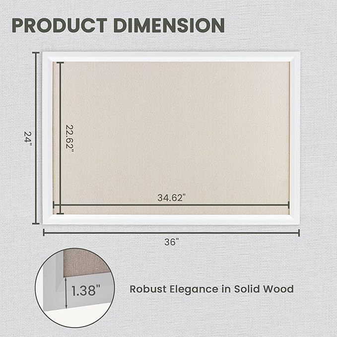 Bulletin Board Cork Board with Linen, 100% Wood Framed 24" x 36" Bulletin Board Decorations, Pin Boards for Walls, Wall Mounted Fabric Picture Board with 10 Pushpins for School, Home & Office, White