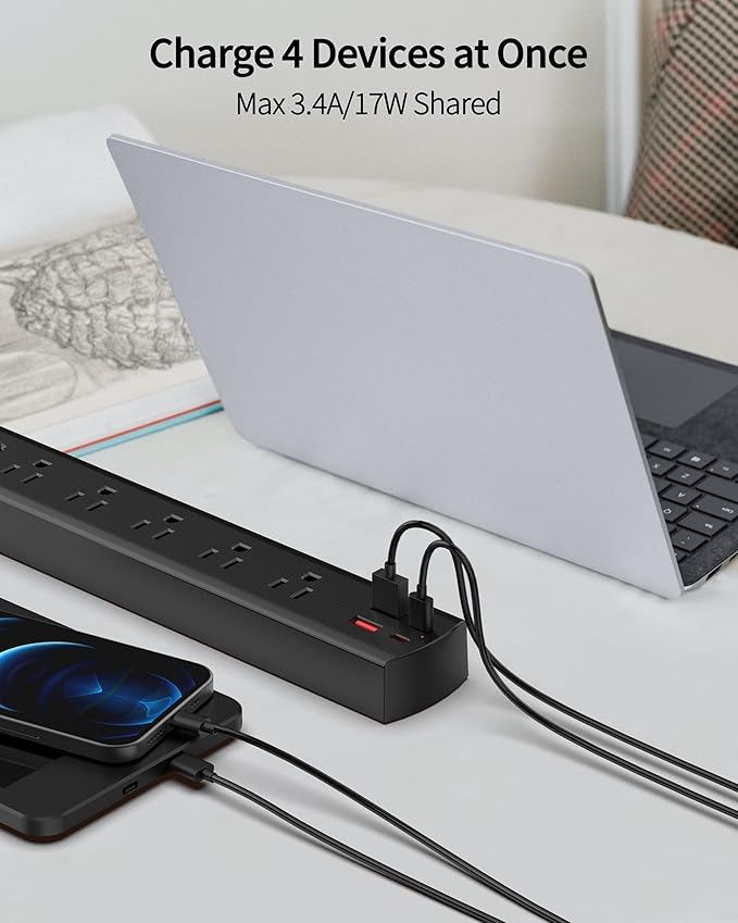 Black Surge Protector Power Strip, Ultra Thin 5 Ft Flat Plug Extension Cord, 1700 Joules, 5 Widely Spaced Outlets with 4 USB Ports (2USB-C), 1875W/15A, Wall Mount for Home Office, Black