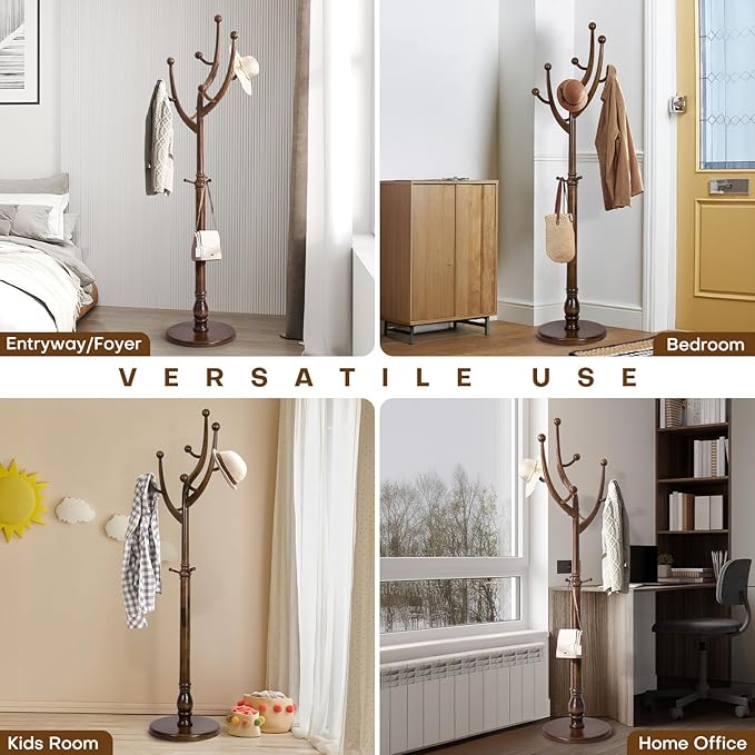Coat Rack Freestanding Coat Tree with Sturdy Round Base, Unique Coat Hanger Stand, Heavy Duty Standing Coat Rack Clothes Stand for Winter Jacket, Hat, Entryway/Hallway/Bedroom, Walnut