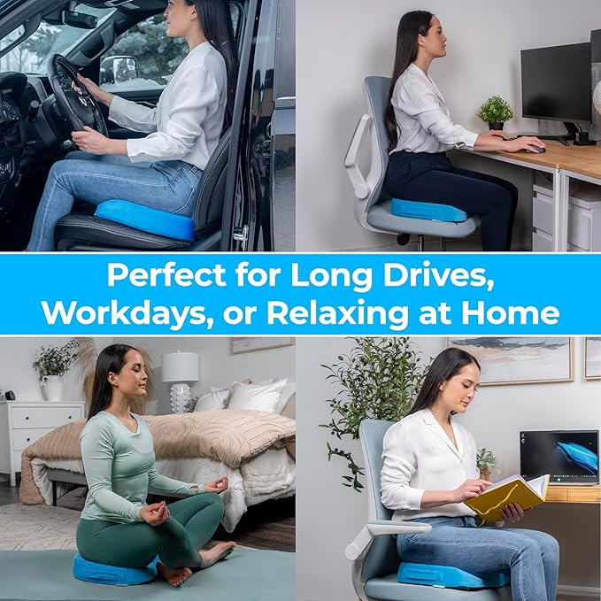 LuminaRest® Gel Enhanced Seat Cushion for Long Sitting – CertiPUR-US® Certified Memory Foam – Tailbone Pain Relief Cushion, Adaptable for Office, Car, Airplane & Wheelchair – (Blue)