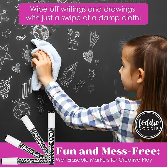 Loddie Doddie Liquid Chalk Markers - Pack of 4, 6mm White Chalk Markers for Chalkboard, Window, Glass & Bistro, Bullet & Chisel Tip - Erasable Ink Pens for Blackboard - Chalkboard Pens Erasable