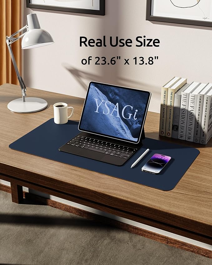 YSAGi Leather Desk Protector, Office Mat, Large Mouse Mat, Non-Slip PU Leather Blotter, Laptop Desk Mat, Waterproof Writing Pad for Office and Home (Dark Blue, 23.6" x 13.8")