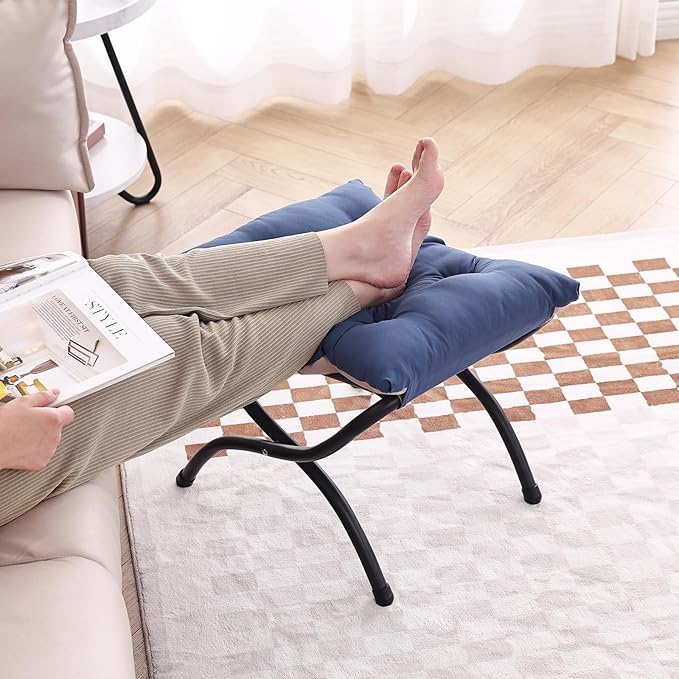 LITA Folding Upholstered Footrest Stool, Modern Small Portable Accent Ottoman with Detachable Thick Cotton Cushion Padded Sofa Stool with Metal Frame for Lazy Chair, Living Room & Bedroom, Royal Blue