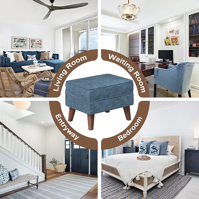 Small Footstool Ottoman with Storage, Ottoman Foot Rest, Modern Foot Stool with Adjustable Lid and Sturdy Wood Legs for Living Room, Bedroom, Couch, Enterway, Blue