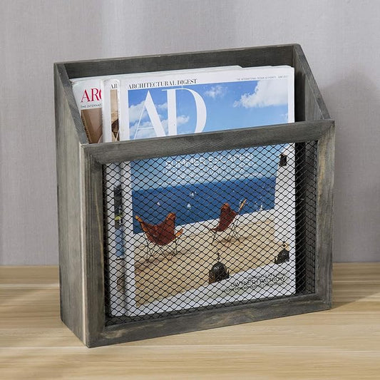 MyGift Rustic Magazine Holder Vintage Gray Wood and Chicken Wire Design Wall Mounted/Tabletop Mail Sorter, Farmhouse Home, Bathroom, Office Magazine Rack