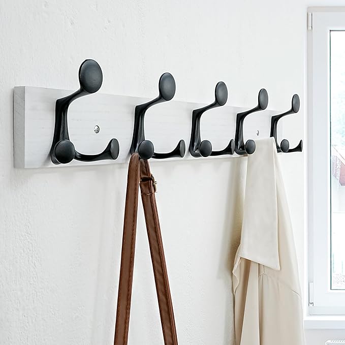 SKOLOO 24-Inch White Wood Coat Rack Wall Mount with 5 Triple Hooks - Ideal for Family Entrances, Classrooms, and Pet Supplies Storage - Perfect Coat Hooks for Wall