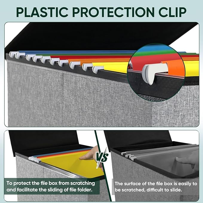 BALEINE File Organizer Box with Lid, Collapsible File Folder Organizer with Plastic Slide, Hanging File Folder Box for Office Document Storage (2 Pack, Grey)