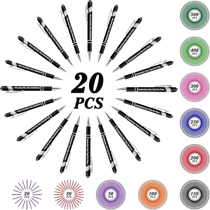 Max 500 Pcs Personalized Pens Bulk, Custom Pens with Free Engraving, Customized Stylus Tip Ballpoint Pen with Your Name Massage Text for School Office Business Graduation Anniversaries-20 Packs