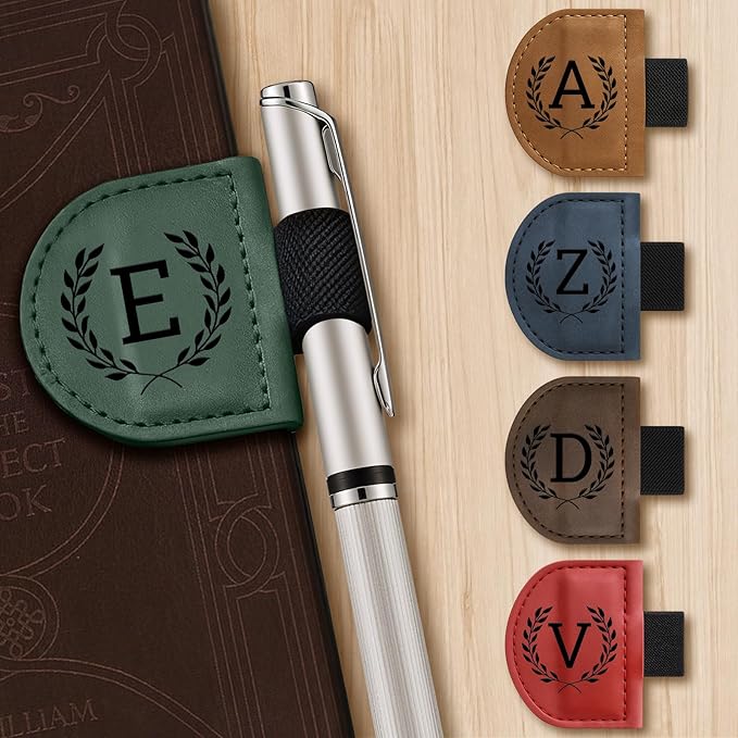 Personalized Bygone Mark Bookmark with Pen Holder,Engraving Leather Magnetic Bookmarks Vintage 26 Letters Name Initials Text Book Marker Clips Gifts for Reading Book Lovers Women (Coffee, N)