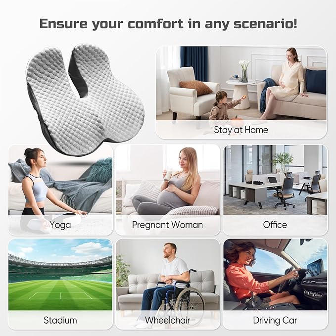 Seat Cushion for Tailbone Pain Relief X-Large,Ergonomic Office Chair Cushions for Butt Hip Lower Back & Sciatica Pain Relief Pillow,Pressure Relief Seat Cushion for Long Sitting, Car & Plane (Grey)