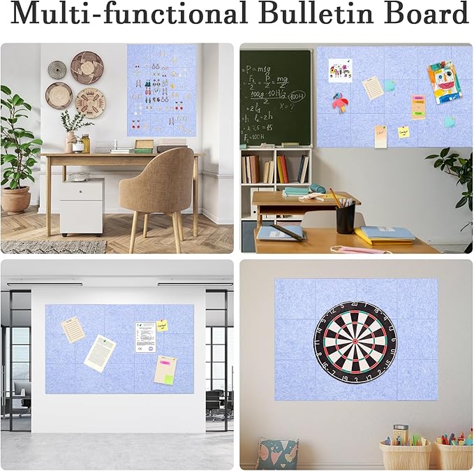 Large Cork Board Alternative, 12 Pack Felt Board with Safe Removable Adhesive Tabs Felt Wall Tiles, Large Cork Boards for Walls, Cork Board for Home Office, Pin Boards for Walls, Light Blue