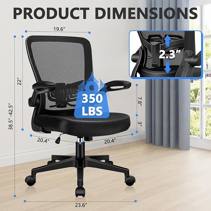 Desk Chairs with Wheels, Ergonomic Mesh Office Chair Adjustable Height and Swivel Lumbar Support Home Office Chair with Flip Up Armrests (8PK)