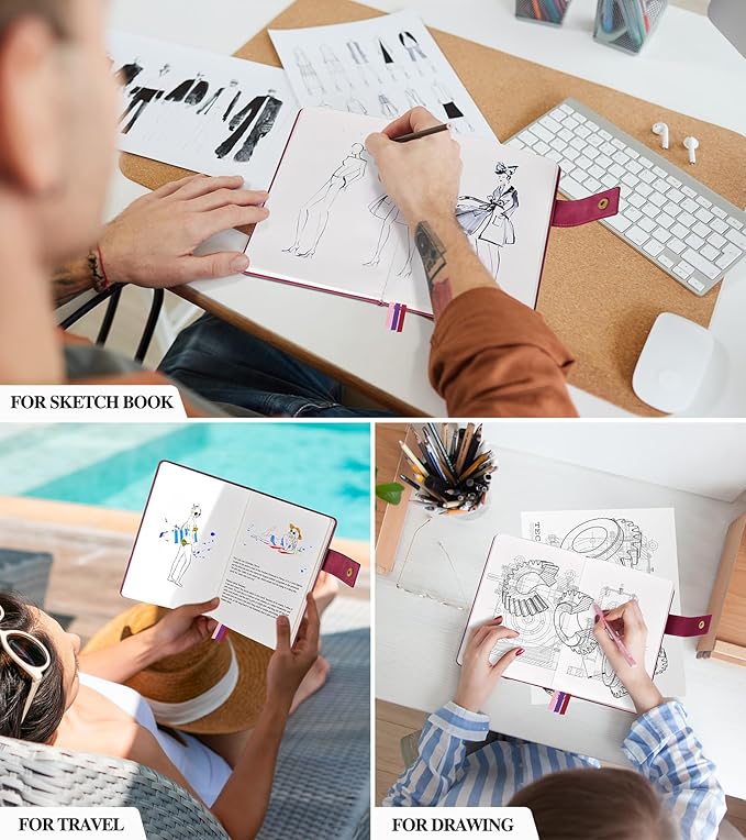 Blank Journal Notebook, A5 Hardcover Leather Sketchbook with 200 Pages Thick Blank Paper for Men Women, Unlined Drawing & Writing Journal, 5.9" x 8.4" Plain Notebook (wine red)